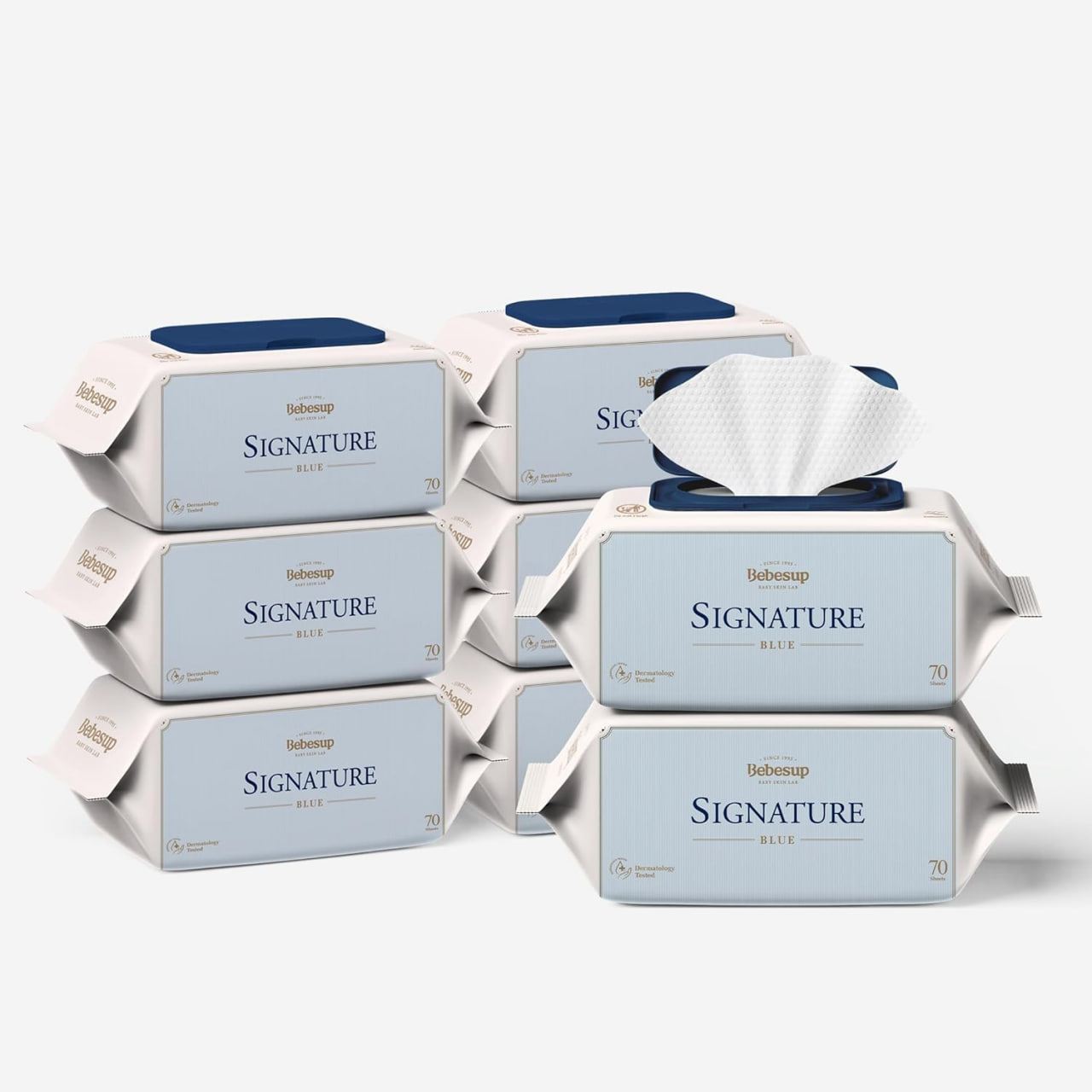 BEBESUP - 韩国排名第一的婴儿湿巾 - 低过敏性水基无香精无酒精超厚超级种子提取物有机植物基，适合敏感肌肤翻盖式560片装（8包）